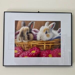 Framed Jigsaw Puzzle, Adorable Rabbits Nestled in a Wicker Basket, 14x11